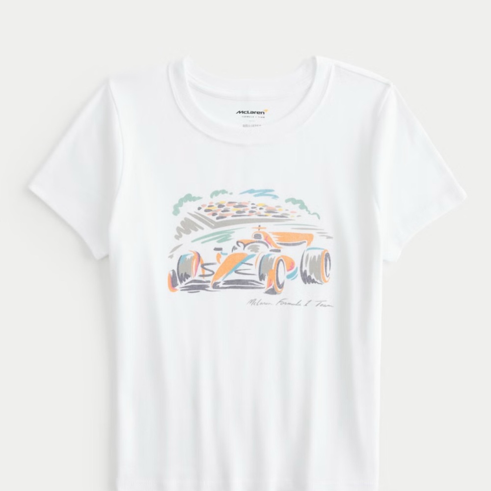Hollister Girls White Graphic McLaren T-Shirt, Cropped Size S